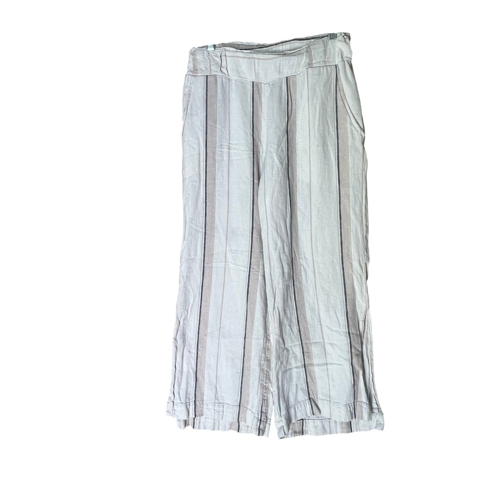 Indigo Rein Womens Small Striped Wide Leg Linen Blend Pants Beige Grey Cropped